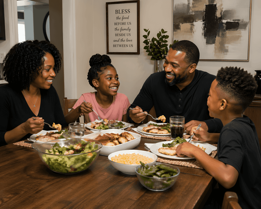 Happy Family eating at a dining table